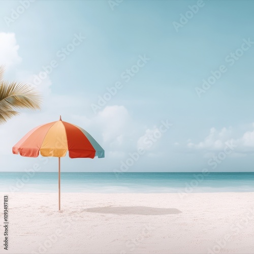 A vibrant beach scene featuring a colorful umbrella on the sand, ideal for vacation, travel, or summer-themed projects, Perfect for social media posts, blogs, or promotional materials,