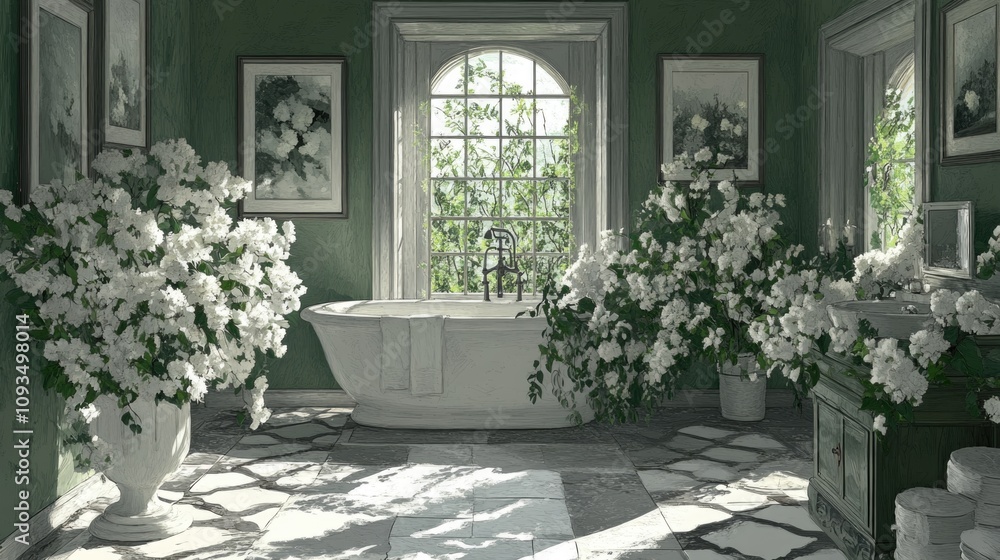 Fototapeta premium Luxurious vintage bathroom with white flowers and large window view