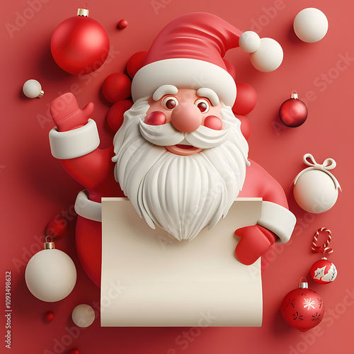 Christmas copy space background santa and reindeer 3D paper design onred background. photo