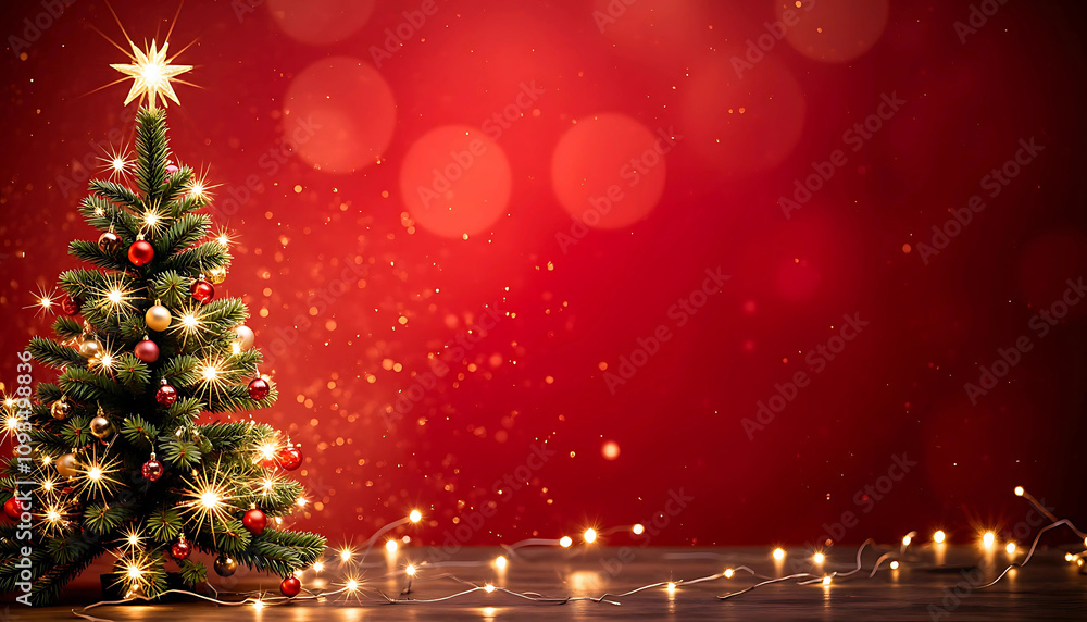 Decorated Christmas Tree with Sparkling Lights on Red Background. for Holiday Celebrations, Greeting Card Designs Decorated Christmas Tree with Sparkling Lights on Red Background. for Holiday Celebrations, Greeting Card Designs