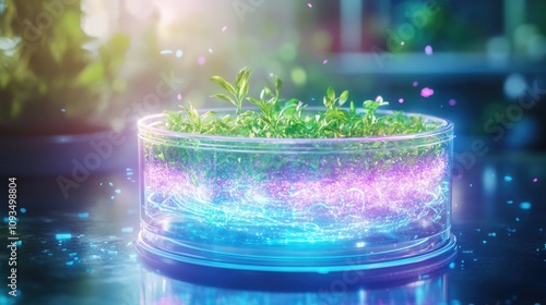 Bioluminescent plants in petri dish under colorful light in a laboratory