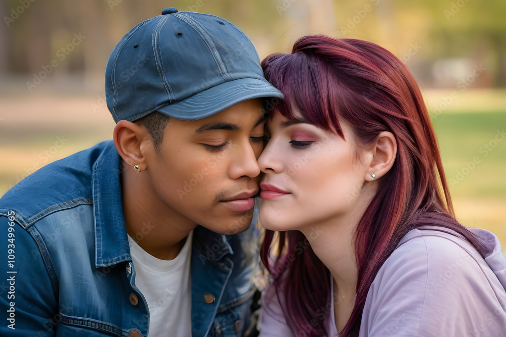 Fototapeta premium Young couple sharing intimate moment outdoors with eyes closed
