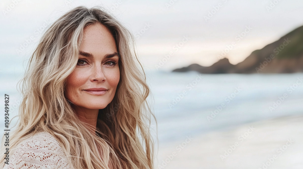Radiant matriarch with flowing golden blonde beachy waves framing her face beautifully and enhancing her natural glow Radiant matriarch with flowing golden blonde beachy waves framing her face beautifully and enhancing her natural glow