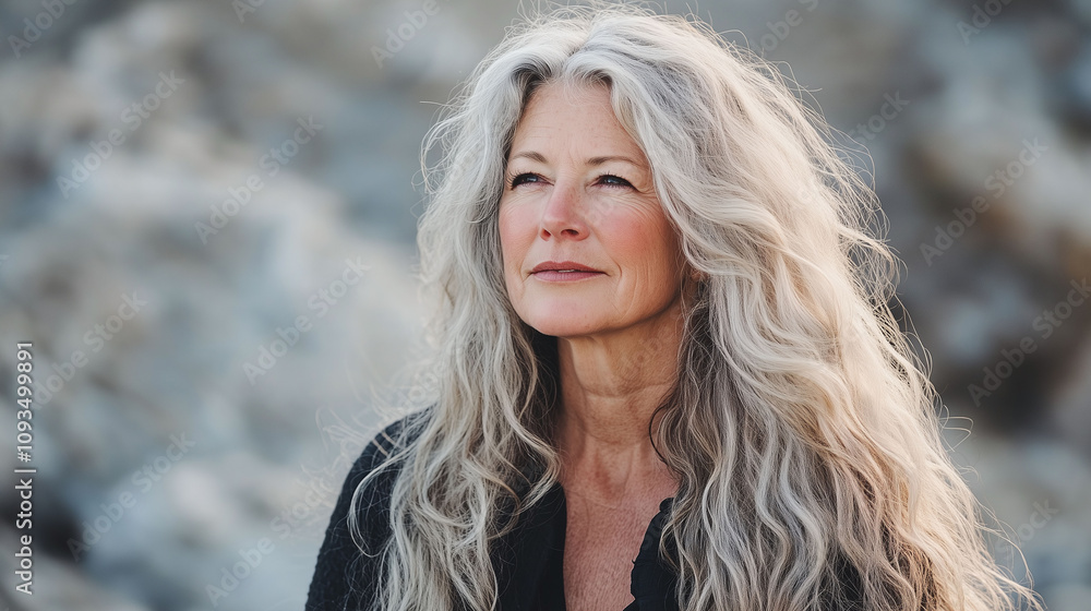 Radiant matriarch with flowing golden blonde beachy waves framing her face beautifully and enhancing her natural glow Radiant matriarch with flowing golden blonde beachy waves framing her face beautifully and enhancing her natural glow