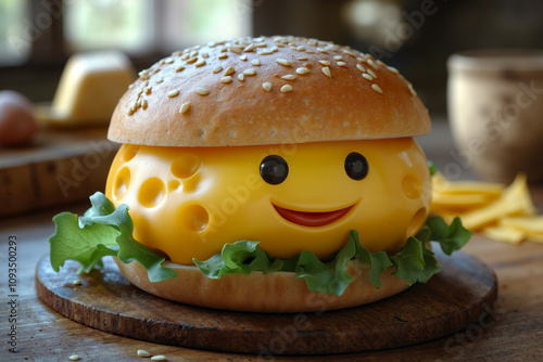 A hamburger with a smiley face on top of it on a wooden board photo