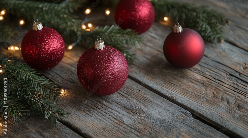 Festive red ornaments displayed on a wooden surface, accompanied by pine branches and lights. Festive red ornaments displayed on a wooden surface, accompanied by pine branches and lights.