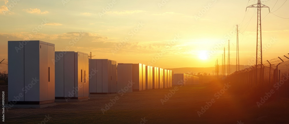 A row of energy storage units at sunset, highlighting renewable energy infrastructure. A row of energy storage units at sunset, highlighting renewable energy infrastructure.