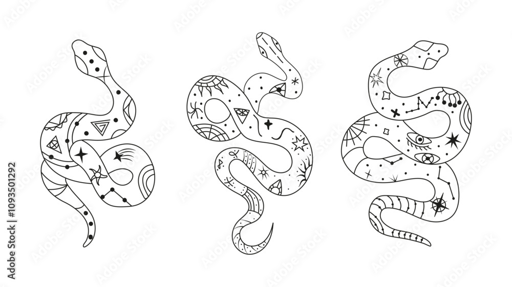 Obraz premium Mystical esoteric snakes illustrated in a clean linear style. The design features symbolic and abstract representations of snakes, perfect for spiritual, occult, or decorative projects.