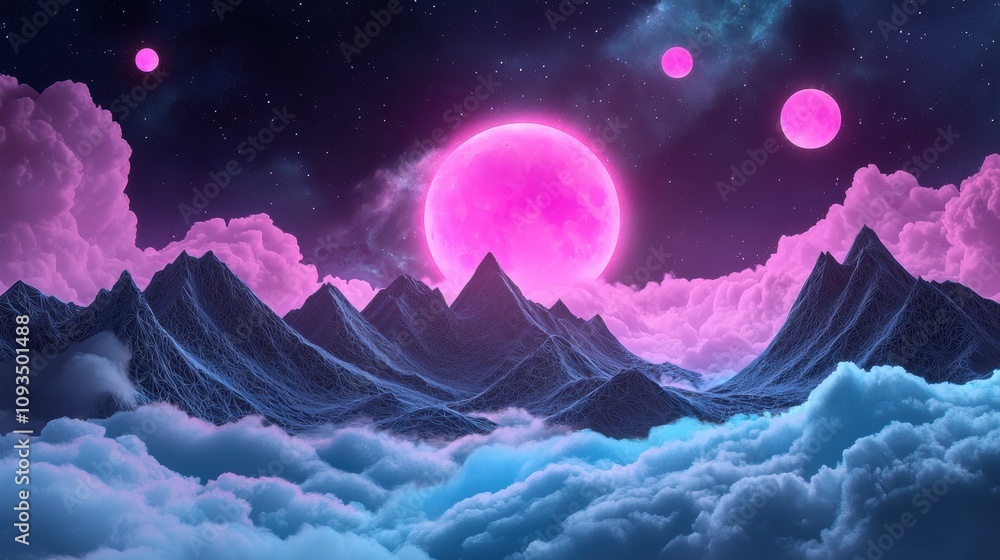 Fototapeta premium A surreal alien landscape with towering fractal mountains piercing a swirling, nebula filled sky, illuminated by the glow of multiple suns.