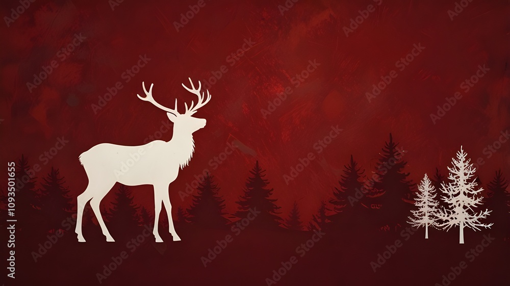 A minimalist white reindeer silhouette set against a rich, textured red background, evoking a serene and festive atmosphere ideal for a Christmas postcard. A minimalist white reindeer silhouette set against a rich, textured red background, evoking a serene and festive atmosphere ideal for a Christmas postcard.
