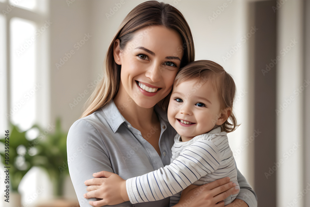Happy mother holding and hugging her smiling baby girl at home Happy mother holding and hugging her smiling baby girl at home