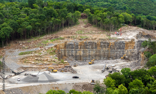 Aerial view of open pit mining site of limestone materials extraction for construction industry photo