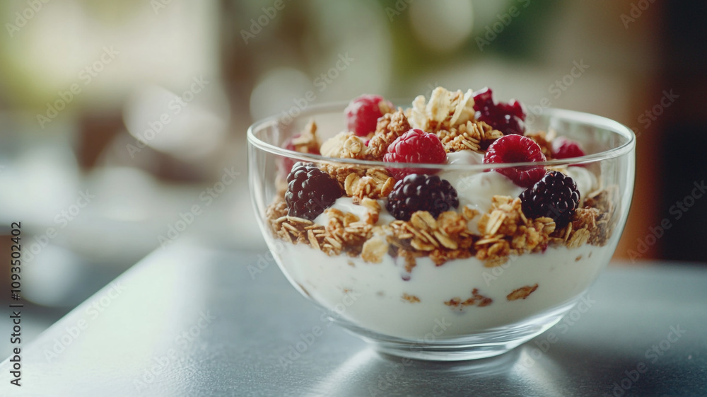 Delicious yogurt bowl with berries and granola served in a clear glass dish Delicious yogurt bowl with berries and granola served in a clear glass dish