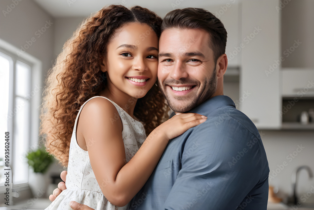 Father and daughter embracing and smiling in kitchen Father and daughter embracing and smiling in kitchen