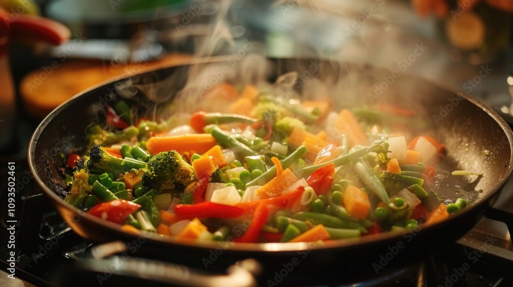 A wok filled with various vegetables is being cooked on the stovetop, ready to be served A wok filled with various vegetables is being cooked on the stovetop, ready to be served
