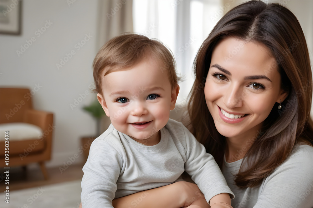 Happy mother holding and smiling with her baby at home Happy mother holding and smiling with her baby at home