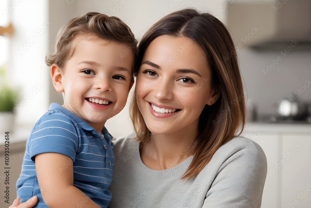 Mother holding smiling son in kitchen, happy family life Mother holding smiling son in kitchen, happy family life