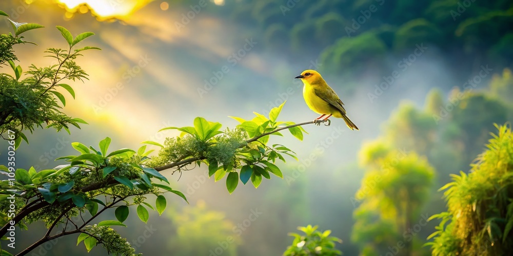 Fototapeta premium Serene Morning Landscape Featuring a Vibrant Yellow Bird Amidst Lush Greenery and Soft Mist for Nature Lovers and Wildlife Enthusiasts