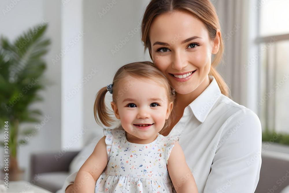 Happy mother holding and smiling with her baby daughter at home Happy mother holding and smiling with her baby daughter at home