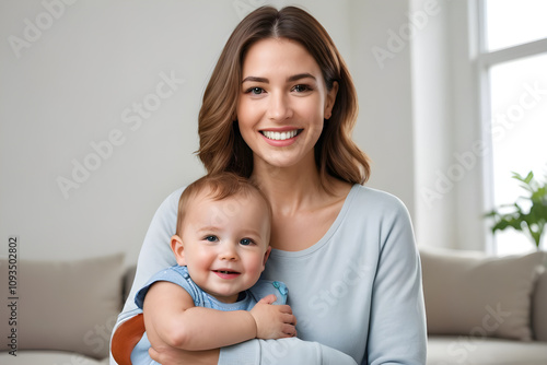 Happy mother holding and hugging her baby at home