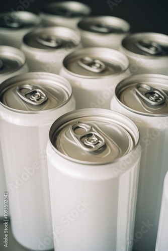 A close-up shot of a group of cans of soda