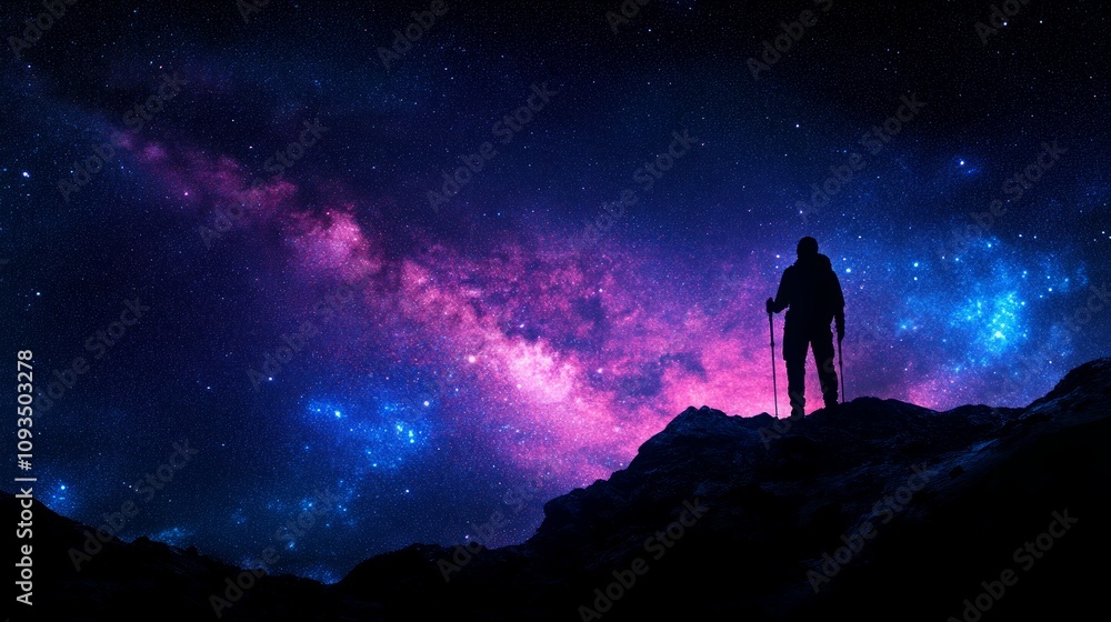 Fototapeta premium A lone hiker stands on a mountain peak, silhouetted against a breathtaking view of the Milky Way galaxy, a vibrant swathe of pink and blue across the night sky.