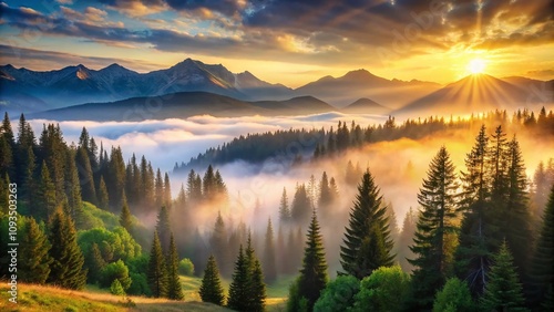 Serene Mountain Forest Landscape at Sunrise with Mist and Warm Morning Light Illuminating the Trees and Peaks, Capturing the Tranquility of Nature's Beauty in Early Hours