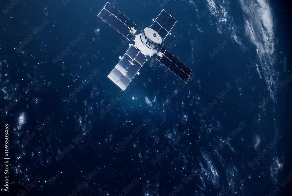 Movement of a space artificial satellite of the earth in the dark starry sky. Navigation technologies, satellite communications. Open space