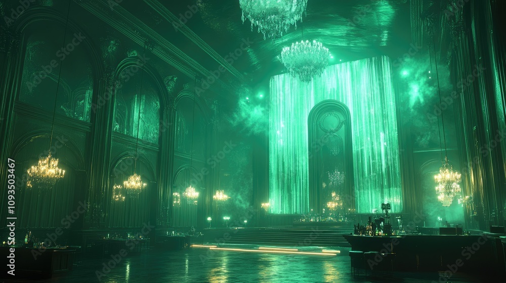 Obraz premium A grand, illuminated hall with green lighting and elegant chandeliers, evoking a mystical atmosphere.
