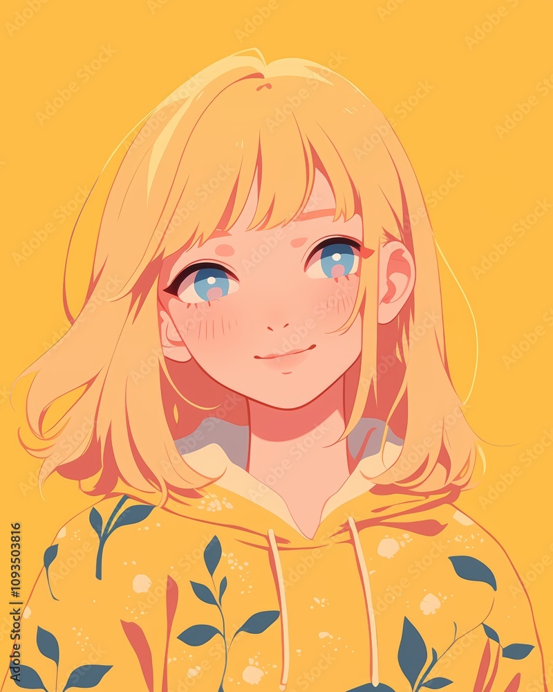 Anime Girl in Yellow Hoodie with Floral Pattern on Yellow Background Anime Girl in Yellow Hoodie with Floral Pattern on Yellow Background