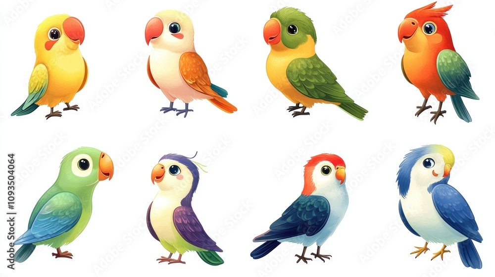 A group of colorful birds perched on top of each other, great for illustrating themes of community and nature A group of colorful birds perched on top of each other, great for illustrating themes of community and nature