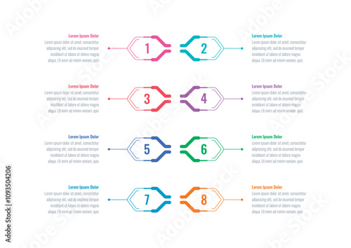 infographic template for magazine, annual report. infographic template for business, education, science world. technological infographic template. eight steps information template