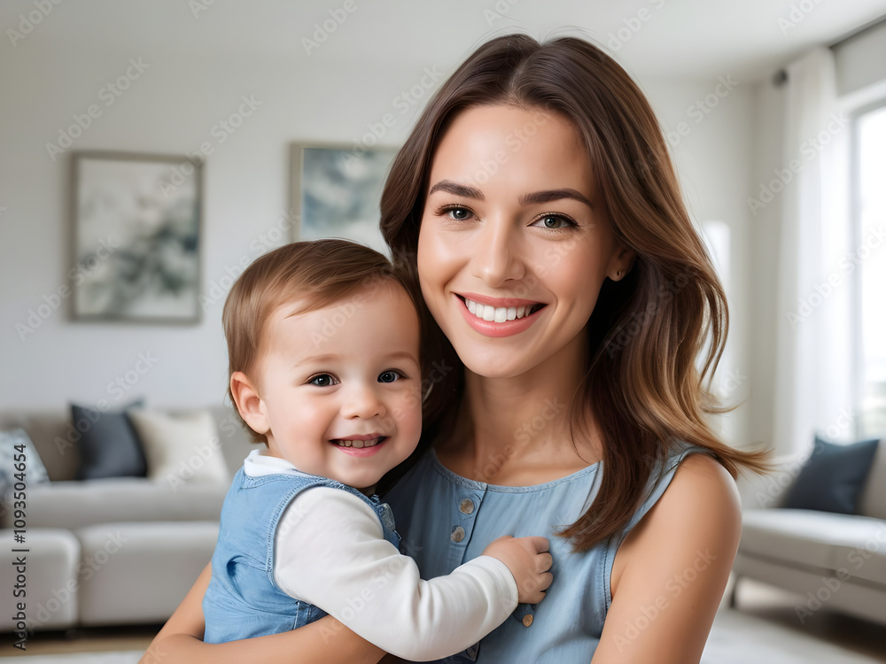 Happy mother holding and hugging her smiling baby at home Happy mother holding and hugging her smiling baby at home