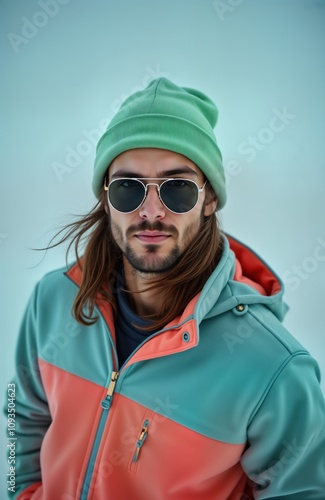 Man with long hair wears stylish green beanie, sunglasses. Cool expression, wears bright coral, teal jacket. Outdoor portrait of man. Looks confident, fashionable. Winter sports enthusiast. Trendy