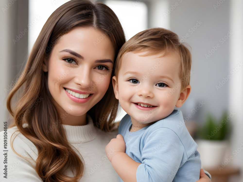 Happy mother holding and hugging her smiling baby son at home Happy mother holding and hugging her smiling baby son at home
