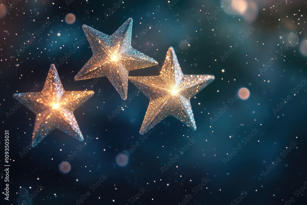 A group of three shiny stars shining brightly against a deep blue background, ideal for use in astronomy or educational materials A group of three shiny stars shining brightly against a deep blue background, ideal for use in astronomy or educational materials