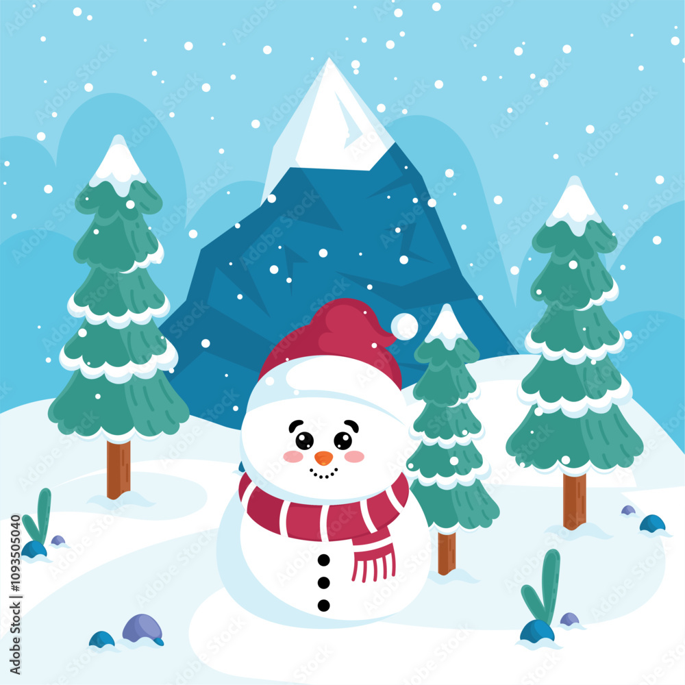 Snowman in winter forest with mountain, Vector Snowman in winter forest with mountain, Vector
