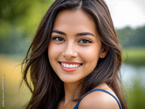 Beautiful smiling woman with long brown hair enjoying nature outdoors
