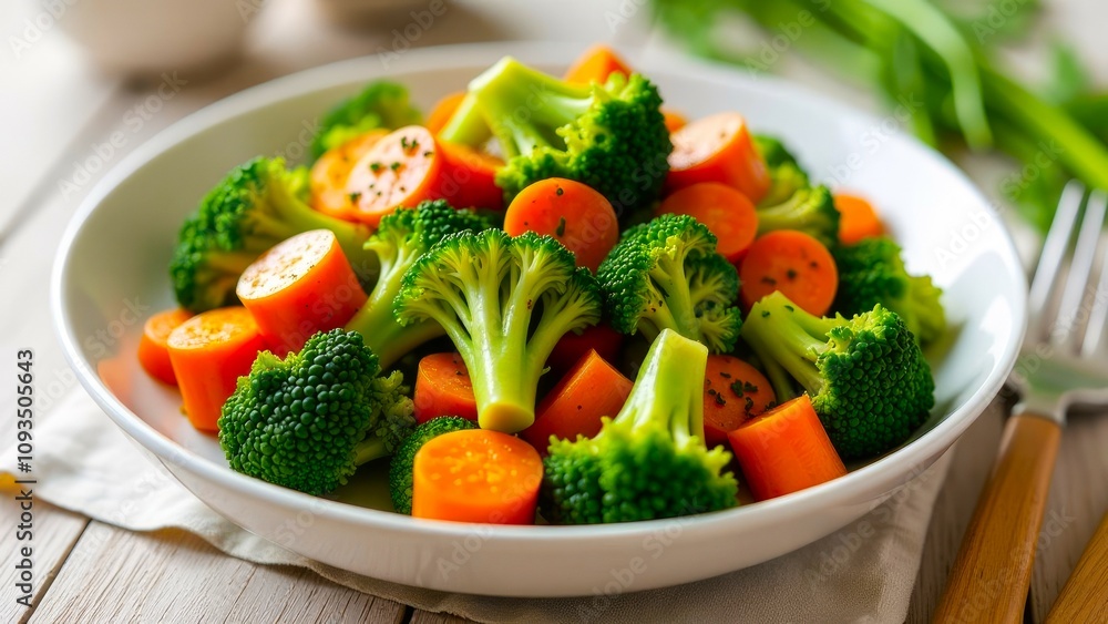 Vegetable salad in a white plate on a wooden table, close-up. Broccoli and carrot, healthy side dish. Healthy food, and balanced nutrition Vegetable salad in a white plate on a wooden table, close-up. Broccoli and carrot, healthy side dish. Healthy food, and balanced nutrition
