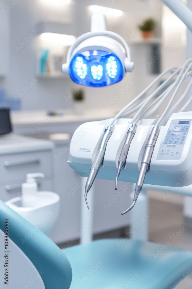 A modern dental clinic interior featuring a blue chair and blue light A modern dental clinic interior featuring a blue chair and blue light