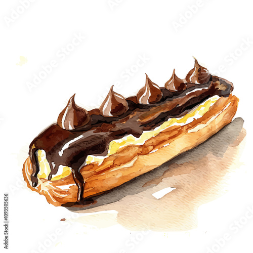 A watercolor clipart of Chocolate Eclair, isolated on a white background. Chocolate Eclair vector.