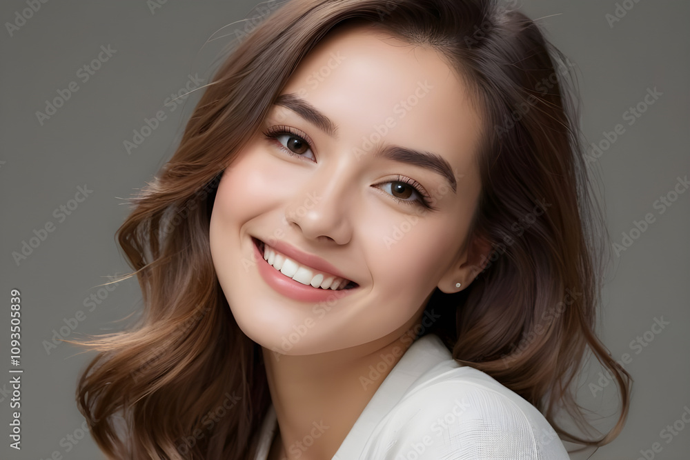 Beautiful smiling woman with long brown hair and perfect white teeth shows happiness and confidence Beautiful smiling woman with long brown hair and perfect white teeth shows happiness and confidence
