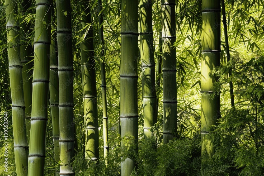 Fototapeta premium Group of tall green bamboo trees growing in a dense forest, ideal for outdoor and nature scenes