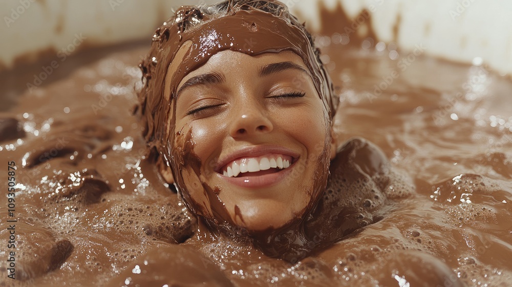 A joyful woman enjoying a chocolate bath, radiating happiness and relaxation. A joyful woman enjoying a chocolate bath, radiating happiness and relaxation.
