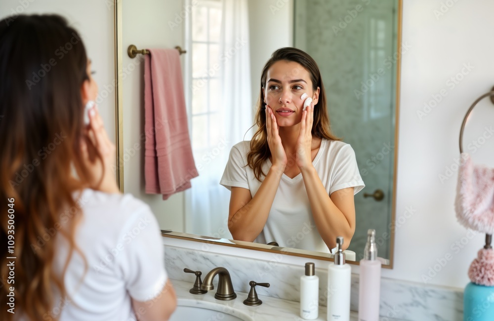 Woman applies facial cream in bathroom mirror. Morning routine. Personal care. Beauty products. Self care. Healthy lifestyle. Skincare products. Cosmetics. Beauty. Woman looking at reflection. Woman applies facial cream in bathroom mirror. Morning routine. Personal care. Beauty products. Self care. Healthy lifestyle. Skincare products. Cosmetics. Beauty. Woman looking at reflection.