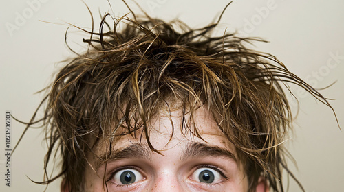 Teenage boy with shaggy oily stringy hair hanging limply over his face photo