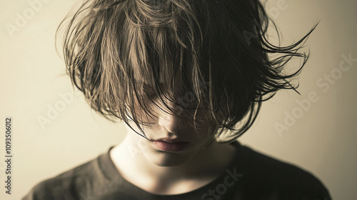 Teenage boy with shaggy oily stringy hair hanging limply over his face photo