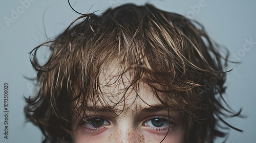 Teenage boy with shaggy oily stringy hair hanging limply over his face