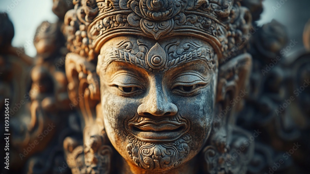 Close-up of an intricately carved stone statue face, showing serene expression and detailed ornamentation. Close-up of an intricately carved stone statue face, showing serene expression and detailed ornamentation.