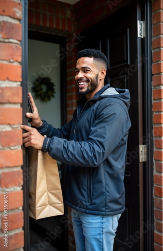 Wallpaper Mural Smiling delivery man stands at doorstep. Holds paper bag with order. Presses doorbell. Home delivery service in progress. Day time. Man young. Brick house in urban area. Food delivery grocery Torontodigital.ca